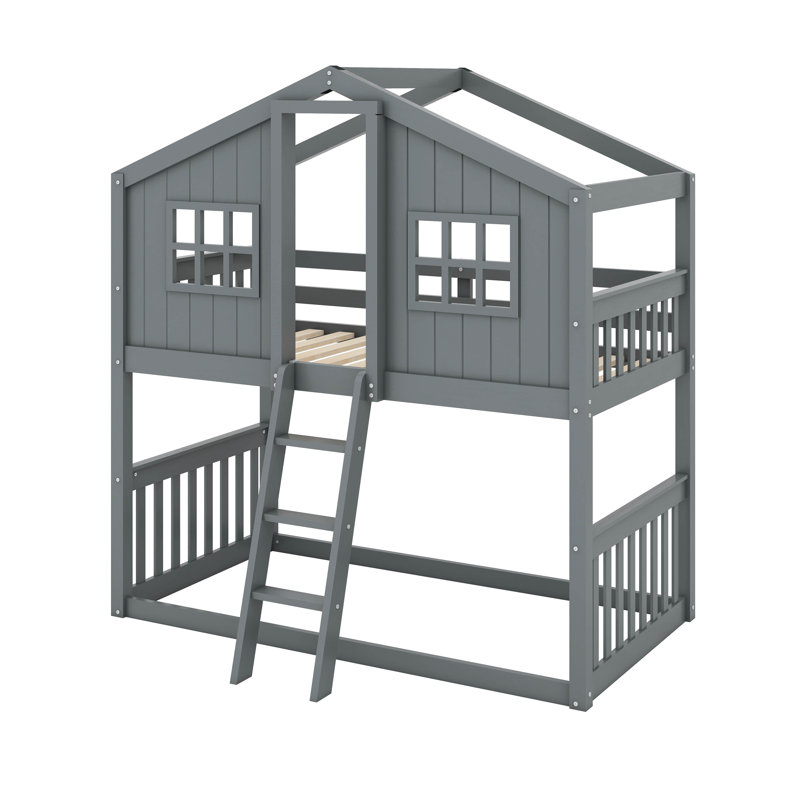 Twin Over Twin House Bunk Bed With Ladder, Gray