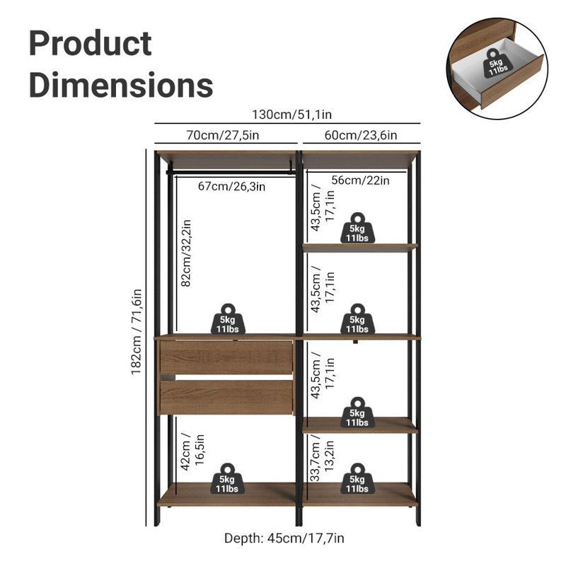  Wardrobe Clothes Storage Rack with 2 Drawers, 7 Shelves and Hanging Space 51"L Multiuse Modular Cabinet for Bedroom Organization - Black/Brown