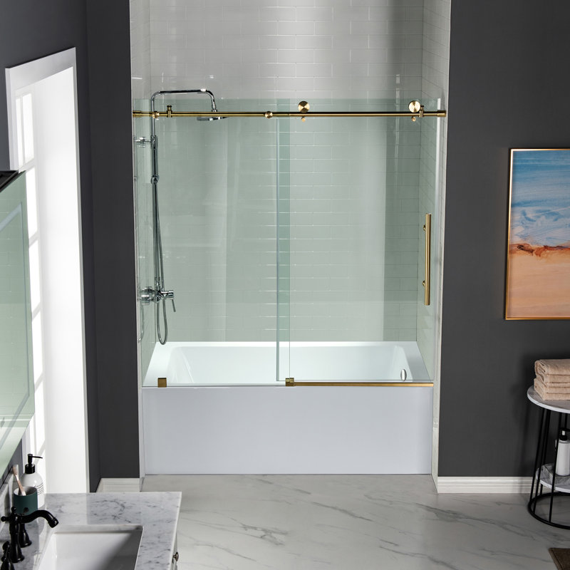 56"-60" W x 62" H Single Sliding Frameless Bathtub Door with 3/8"(10mm) Clear Tempered Glass, 	Brushed Gold