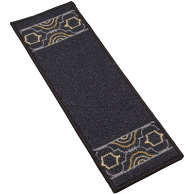 Machine Washable Trellis Border Skid Slip Resistant Low Pile Black Stair Tread Size 8.5"x26"