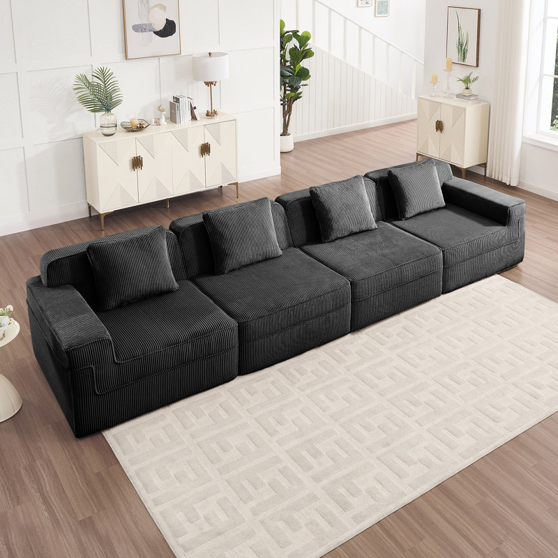 Canapé modulaire sans siège à 4 places avec assise profonde, canapé modulaire Cloud avec coussins décoratifs et revêtement en velours côtelé pour un confort ultime