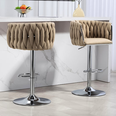 2pcs 360° Swivel Bar Stools - Adjustable Counter Height, Woven Back & Footrest In Blue Fabric For Kitchen, Cafe, Pub Height With Footrest, Kitchen Island, ( Of 2