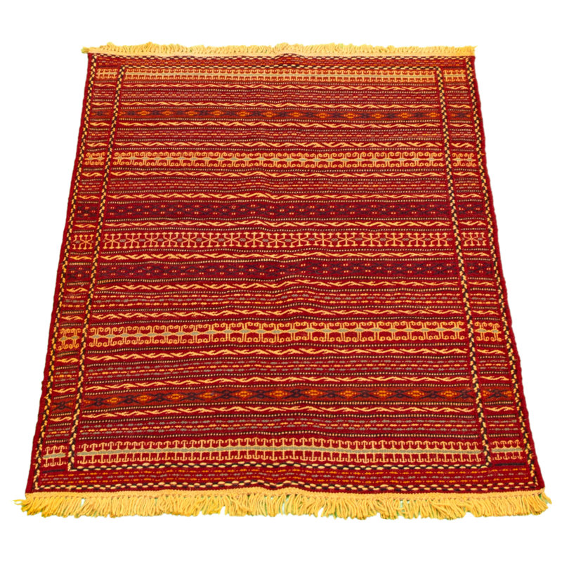 Tapis rouge / orange en laine tissé à la main et à plat