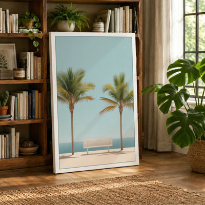Palms and Bench Coastal - Wrapped Canvas