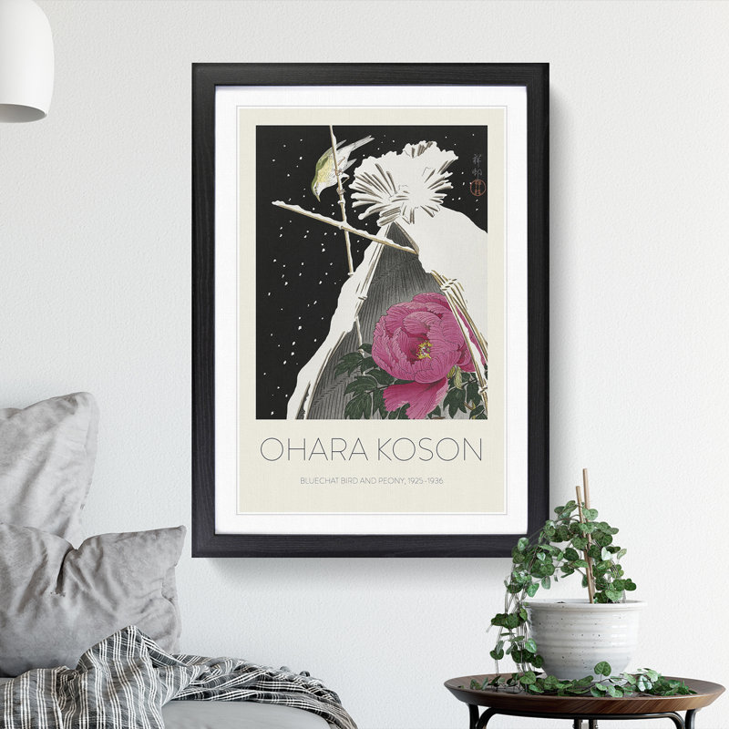 Siberian Bluechat Bird and Pink Peony - Picture Frame Painting, 36cm H x 27cm W x 2cm D, Black