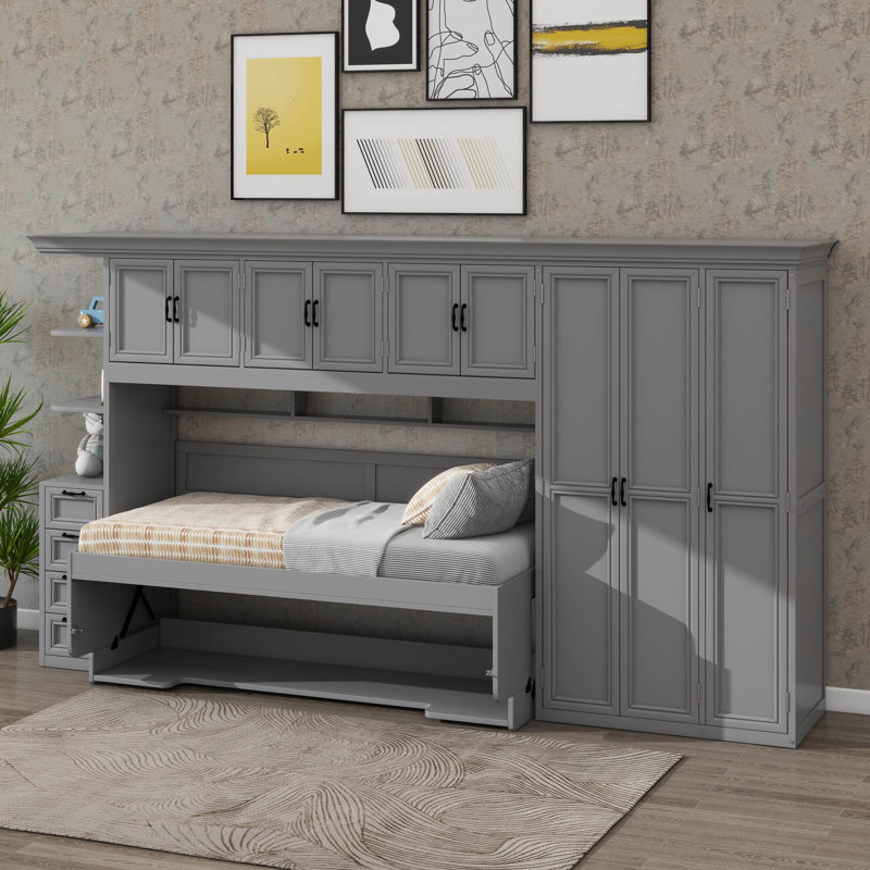 Lit escamotable simple avec bureau, lit mural pliable en bois multifonctionnel avec garde-robe, tiroirs et unités de rangement