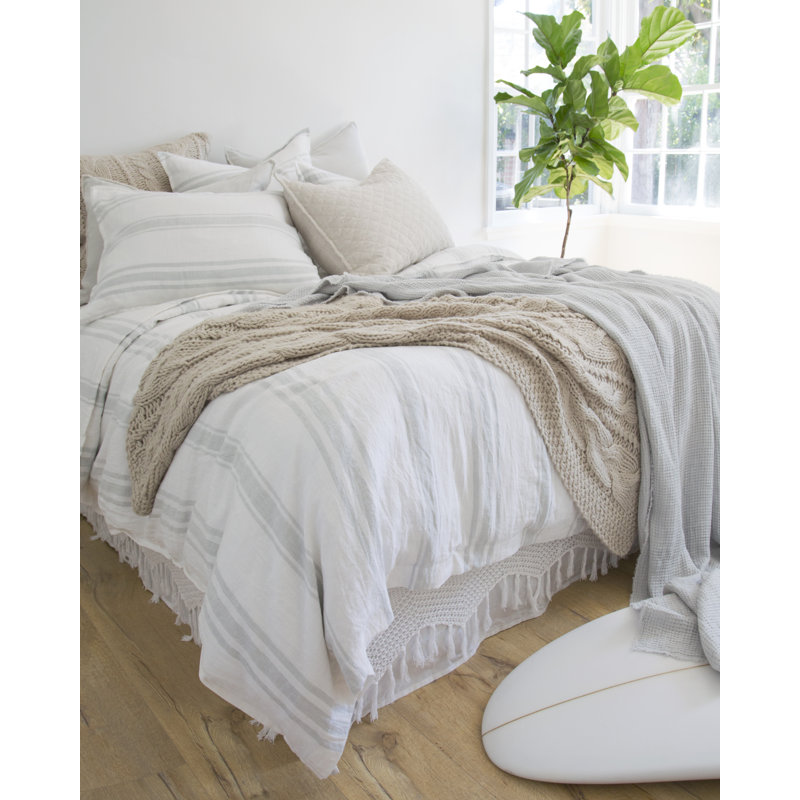 Jackson Striped Linen Duvet Cover, King Duvet Cover, White/Ocean