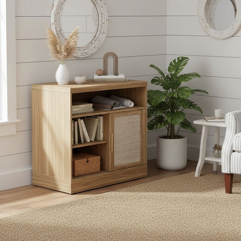 32'' Rattan Sliding Door Lateral File Cabinet With Adjustable Shelves For Home Office, Rattan, Natural Wood