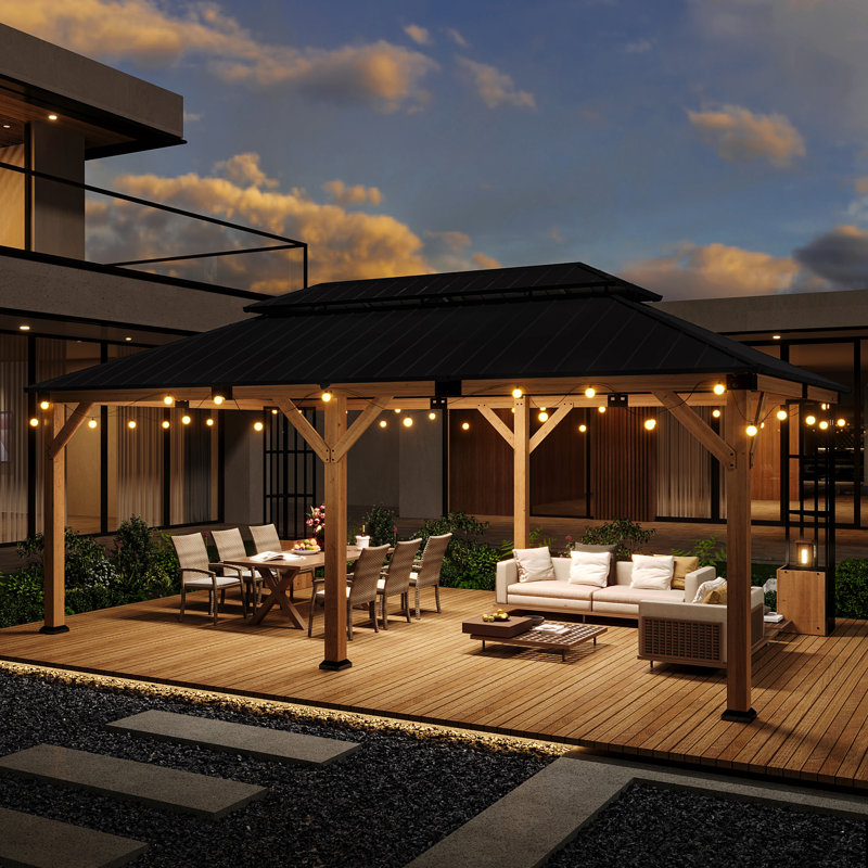 12' x 20' Solid Wood Hardtop Gazebo with Double Galvanized Steel Roof and Storage Cabinet