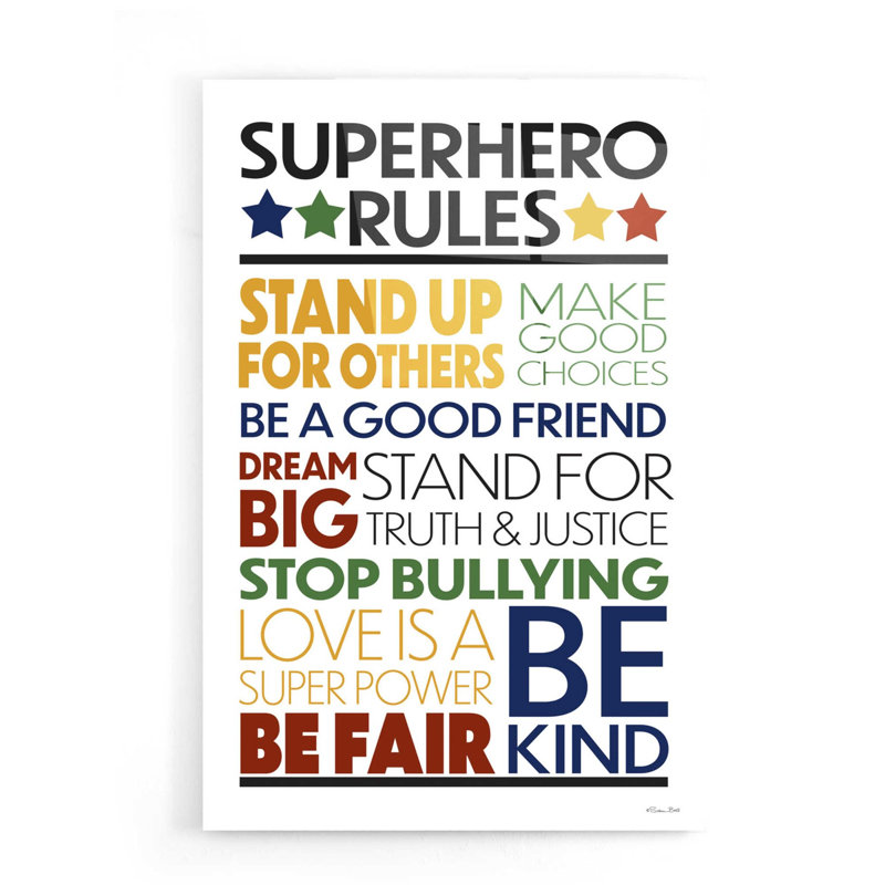«Superhero Rules» par Susan Ball, art mural en verre acrylique, H 24 po x l 16 po x P 0,2 po