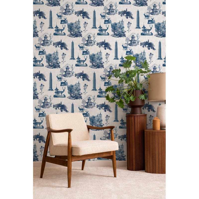 The Signature Pagoda Toile 10' L x 24" W Wallpaper Roll, Moon, Non-pasted, Faux Grasscloth