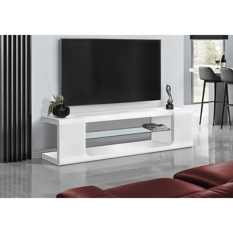 Meuble télé, meuble multimédia avec tablette en verre trempé transparent