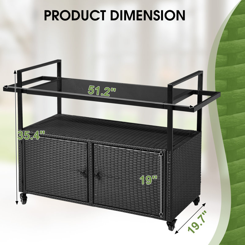 Black Rattan Bar Table With Wheels, Black