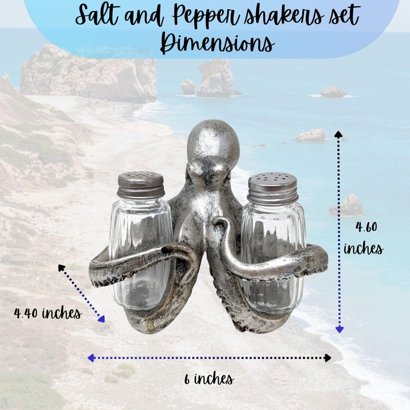 Resin Nautical Salt and Pepper Shaker Set Silver Octopus Holder Design
