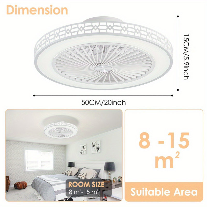 Ventilateur de plafond avec lumières 19 po, ventilateur de plafond réversible sans pales à profil bas de 6 po à DEL à intensité variable et plafonnier encastrable 3000k-6000k pour salon 