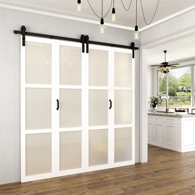 Closet Bi-Fold Barn Door 3 Lite White Frosted Glass Solid Manufactured Wood Pre-Assembled & Paintable Bi-fold-Barn Door 72" x 84" with Hardware Kit and Handle(Ideal for Small Closet,Pantry,Laundry,Bathroom)