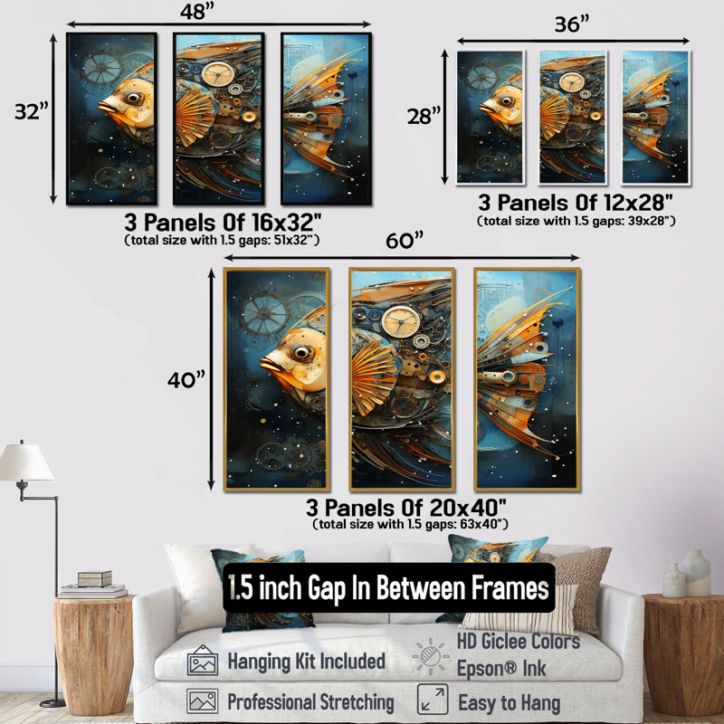 «Yellow Cubist Fish», art mural bleu, Cadre flottant brun, H 32 po x l 48 po