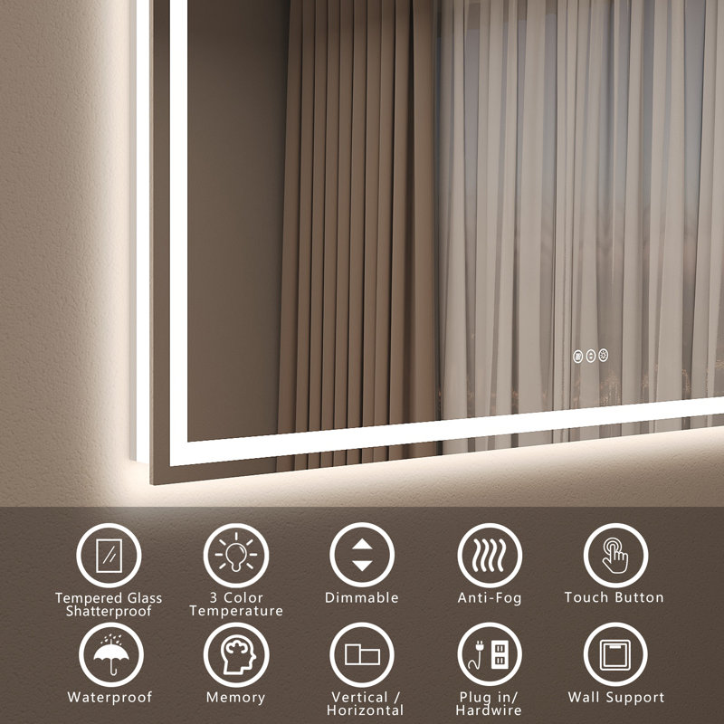 Molly Frameless LED Front Light and Backlit 3 Colors Dimmable Anti-Fog Wall Bathroom Vanity Mirror, 44" x 36"