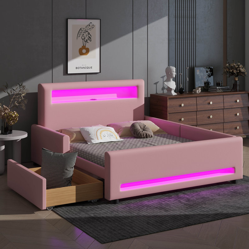 Lit plateforme double avec tiroir, éclairage à bande DEL et connectivité USB, Lit double, Rose