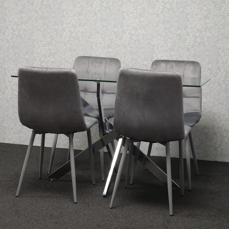 Dining Table and 4 Chairs Rectangle Table 4 Velvet Chairs Dining Set, Grey