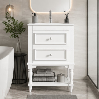 Meuble-lavabo de salle de bain avec lavabo en céramique, armoire de rangement pour salle de bain avec tablette ouverte, armoire de salle de bain rétro avec 2 tiroirs