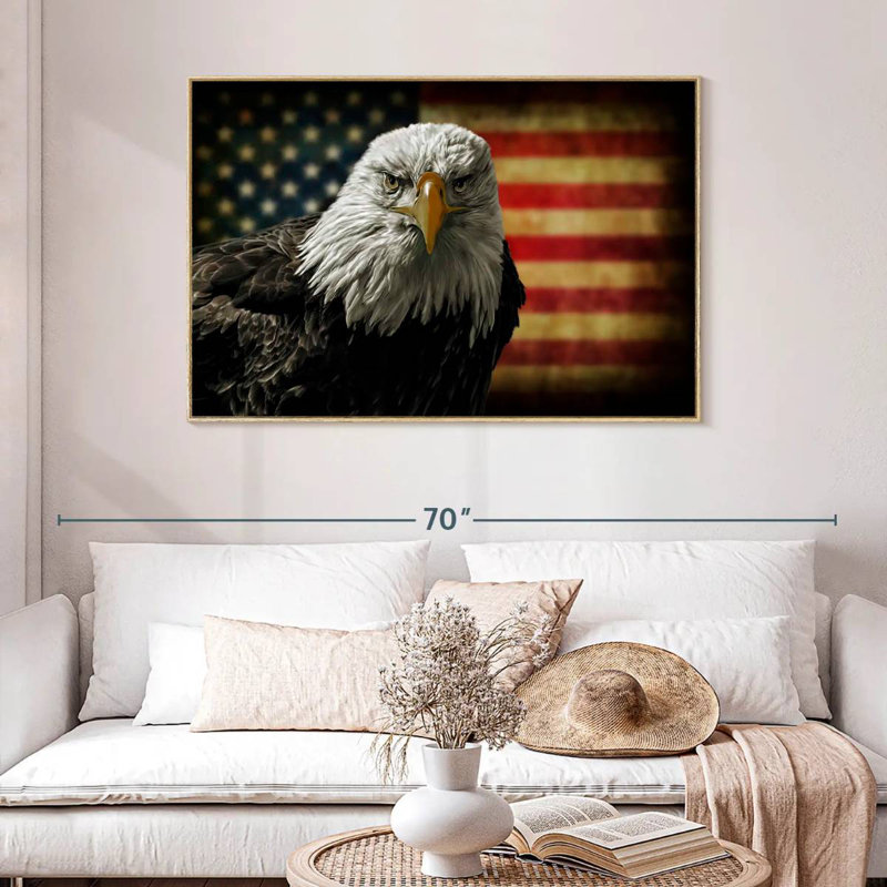Aigle et drapeau de l'Amérique, Cadre flottant en bois naturel, 46 po x 31 po
