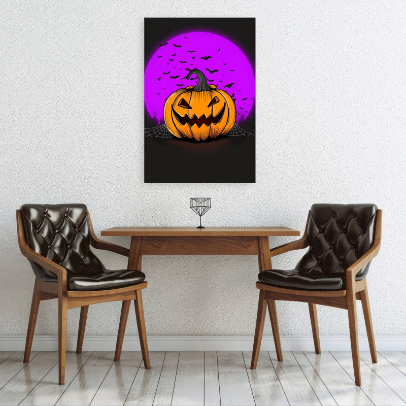 Impression d'art mural abstrait contemporain représentant un paysage de forêt de chauves-souris et d'araignées dans une nuit d'Halloween effrayante