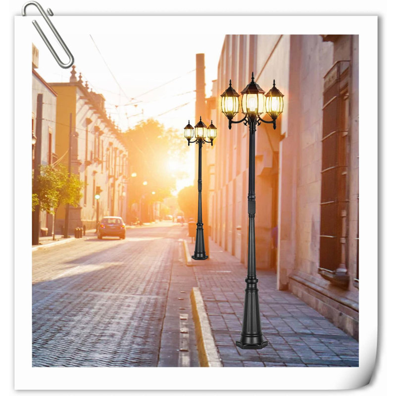 Outdoor Lamp Post Light With GFCI Outlet, 3-Head Classic Black Light Pole With Glass Panels (3 LED Bulbs Included), Aluminum Waterproof Outside Street Light For Backyard Garden Driveway
