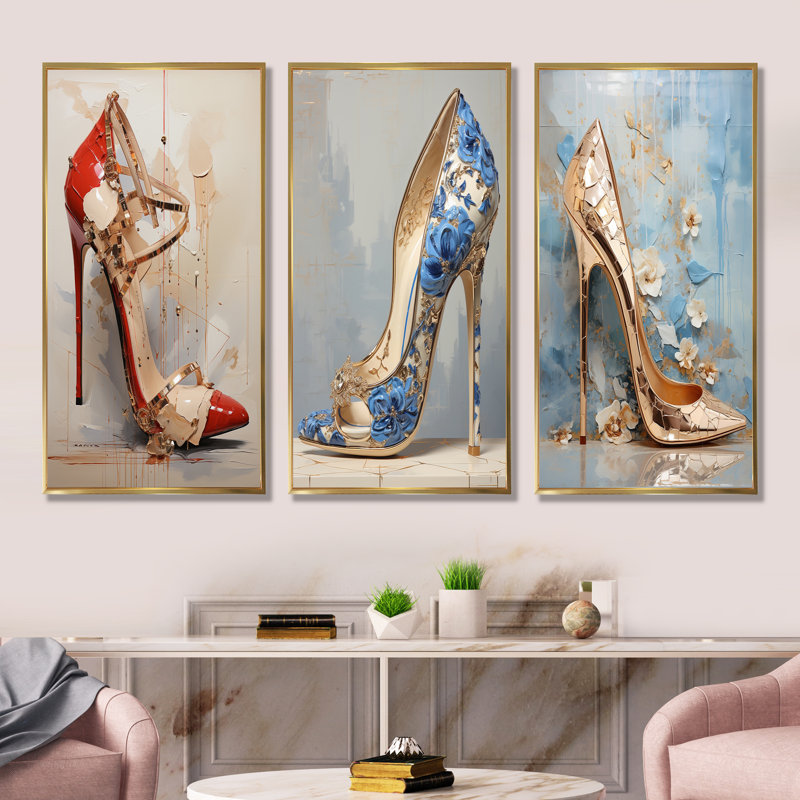 Chic Fashion Heel - Ensemble de 4 impressions sur toile à talons hauts, Cadre flottant doré, H 40 po x l 60 po