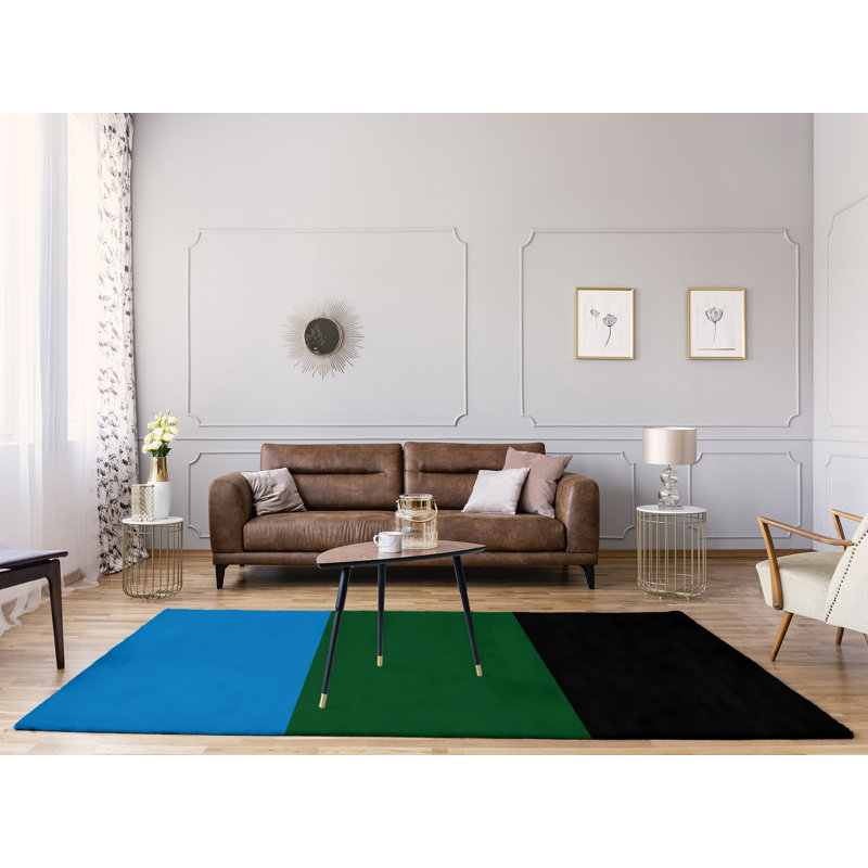 Bleu/vert/tapis décoratif noir à motif abstrait tissé à plat, Rectangle 9 pi x 12 pi