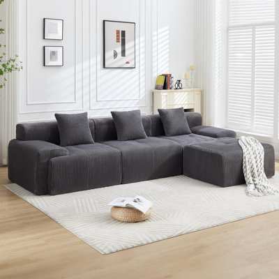 118" Modular L-Shaped Sectional Sofa, Boneless Corduroy Cloud Couch with Movable Ottoman, Deep Seat
