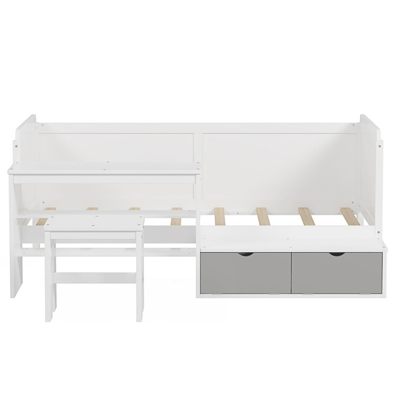 Size Daybed With Storage Shelves And Lockers, Multi-Functional Bed With Study Desk And Matching Stool, White
