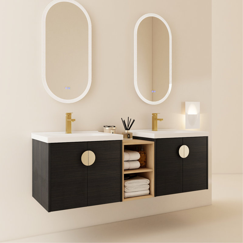 Armoire de salle de bain 60 po avec lavabo et armoire - installation murale 60 po, finition châtaignier noir - aspect moderne