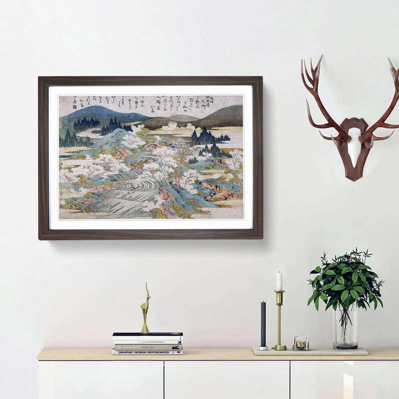 Flowering Cherry Trees by Katsushika Hokusai - Picture Frame Painting Print, 36cm H x 48cm W x 2cm D, Walnut Framed