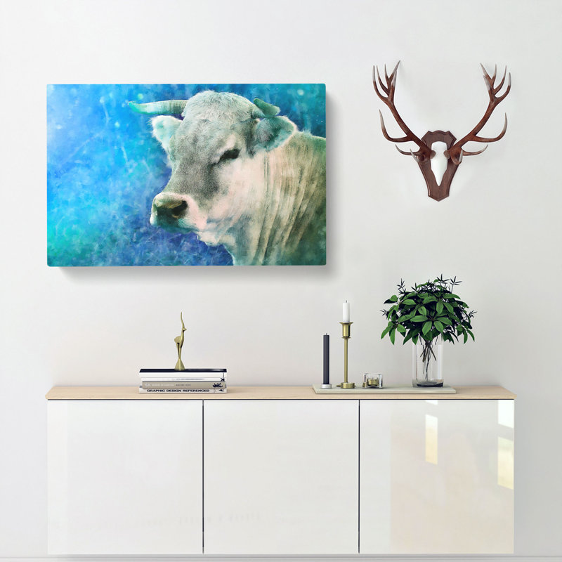 Cow In The Meadow With Blue Light - Wrapped Canvas Painting, 50cm H x 76cm W x 3cm D