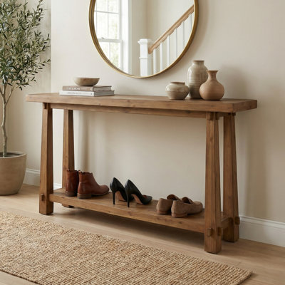 63" Farmhouse 2-Tier Solid Wood Storage Bench, Natural Brown Entryway Bench with Open Shelf for Living Room & Hallway, Easy to Assemble