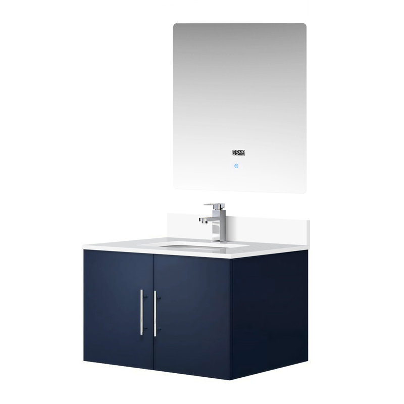 30 po Meuble-lavabo bleu marine avec surface en quartz blanc, robinet inclus, miroir à DEL - et comptoir élégant, robinet, comptoir en teinture