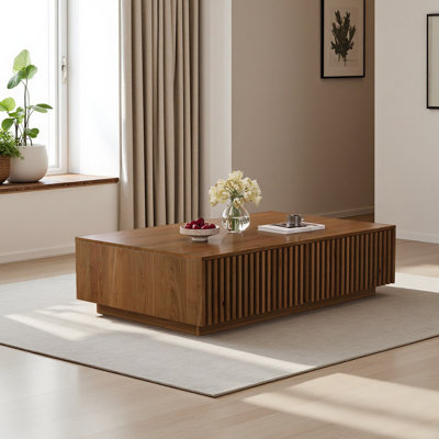 Mid Century Modern Solid Wood Coffee Table with Slatted Storage Drawers, Rectangular Low Profile Wooden Cocktail Table, Farmhouse Hidden Storage Cente