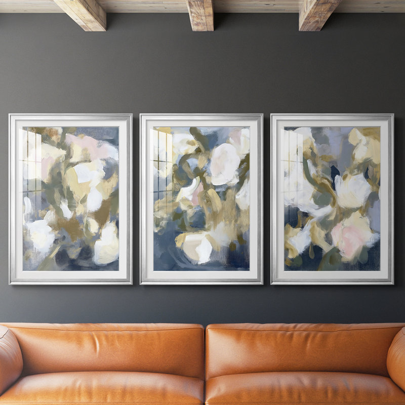 FLORAL Series DCLVII - Impression encadrée sur mesure de qualité supérieure - 3 pièces, H 27 po x l 39 po, Noir