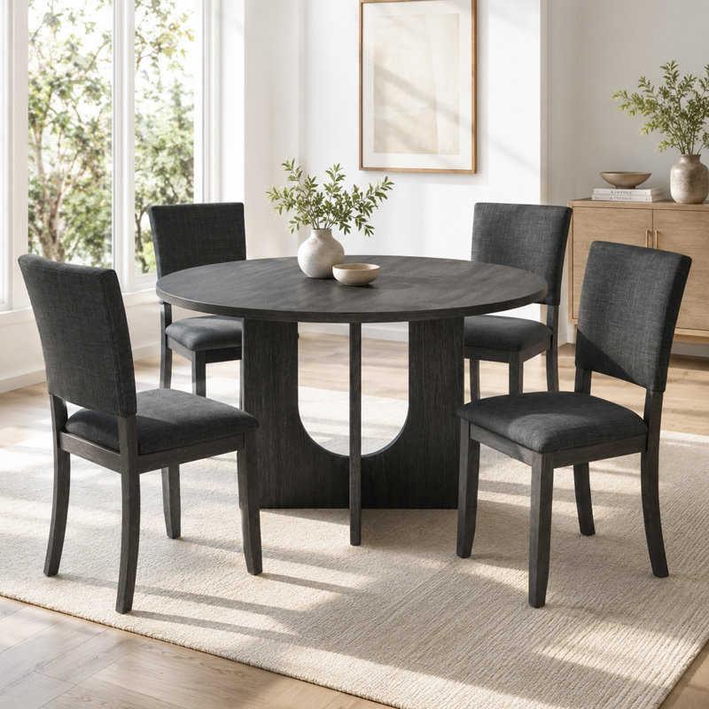 Modern 5-Piece Solid Wood Dining Table Sets For 4, Kitchen Table Set With 4 Upholstered Chairs, Dark Gray 