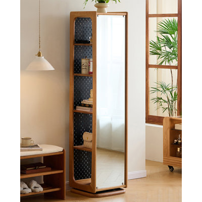 Solid Wood Frame Rectangle Freestanding Mirror with Shelves