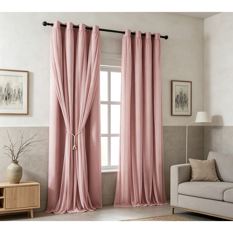 Ensemble de 2 rideaux occultants roses à double couche avec superposition de voilage, rideaux obscurcissant avec œillets pour le salon de la chambre à coucher