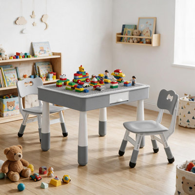 Kids Table And 2 Chairs Set, 4 In 1 Toddler Table And Chair Set For Kids Ages 3-10, Double-sided Graffiti/building Blocks Activity Tabletop With 2 Drawers For Drawing/playing/reading(gray)