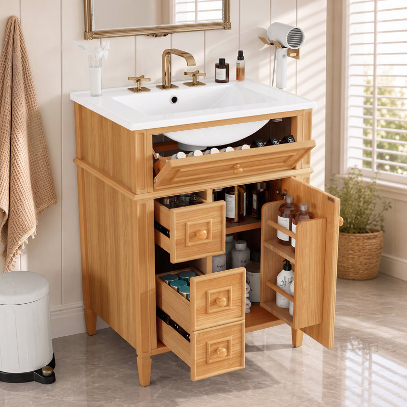 Meuble-lavabo 24 po avec lavabo en céramique, tiroir escamotable, fermeture en douceur, bois massif et panneau de fibres à densité moyenne pour les petites salles de bain