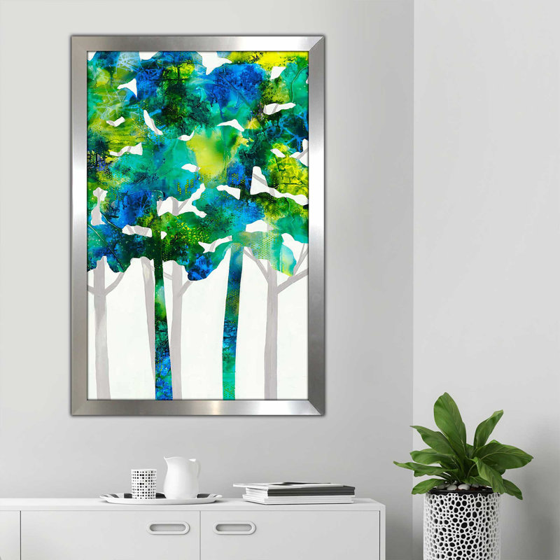 «Tall Trees», peinture sur toile à cadre flottant, Encadrement argenté, H 39,5 po x l 27,5 po x P 0,75 po