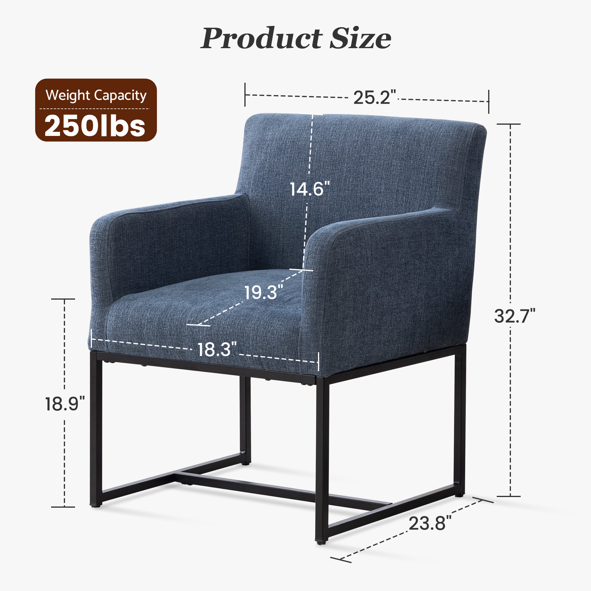 19"H Upholstered Armchair with Metal Base, NavyBlue