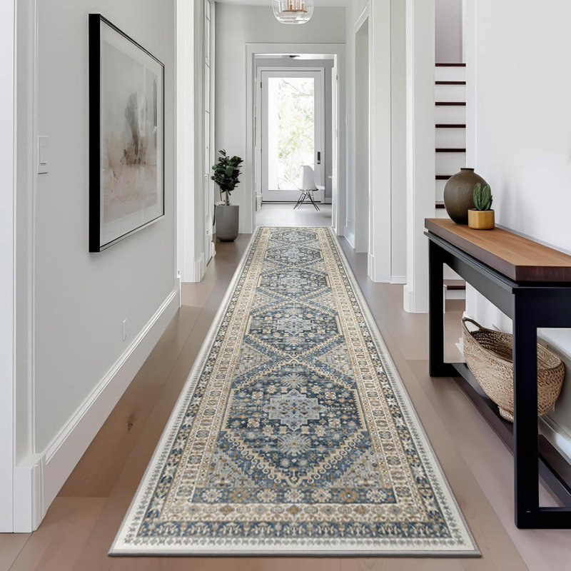 Medallion Non Slip Washable Area Rug(Blue), Runner 2' x 12'