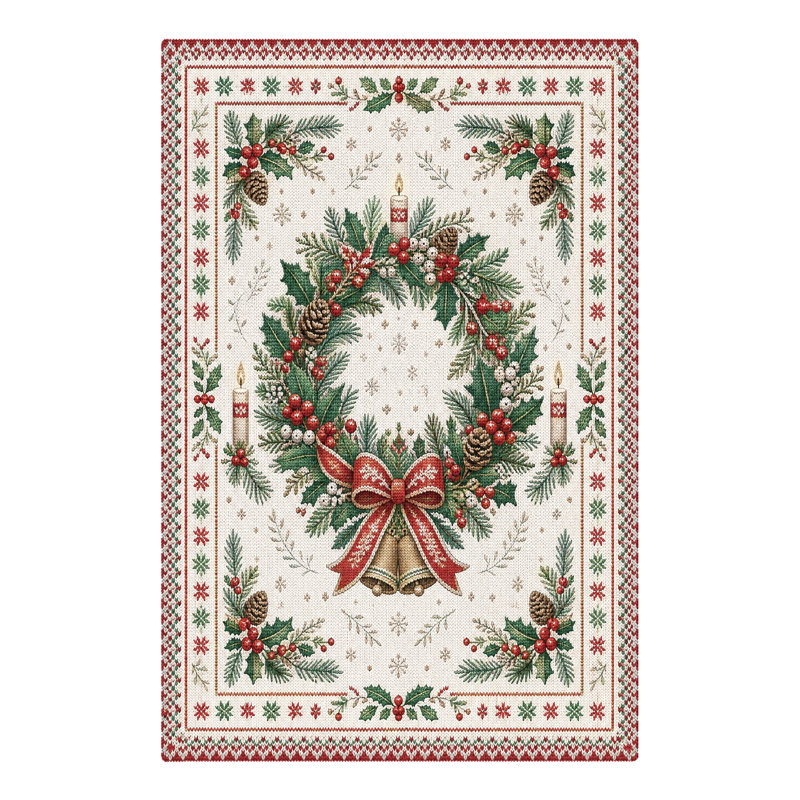 Tapis de salon lavable à poils courts, motif floral de Noël ivoire et vert, avec couronne de sapin illuminée aux chandelles