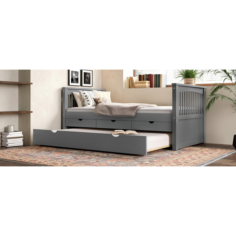 Lit plateforme simple avec tiroirs et lit gigogne, lit de jour en bois massif, sans sommier, gris, Gris