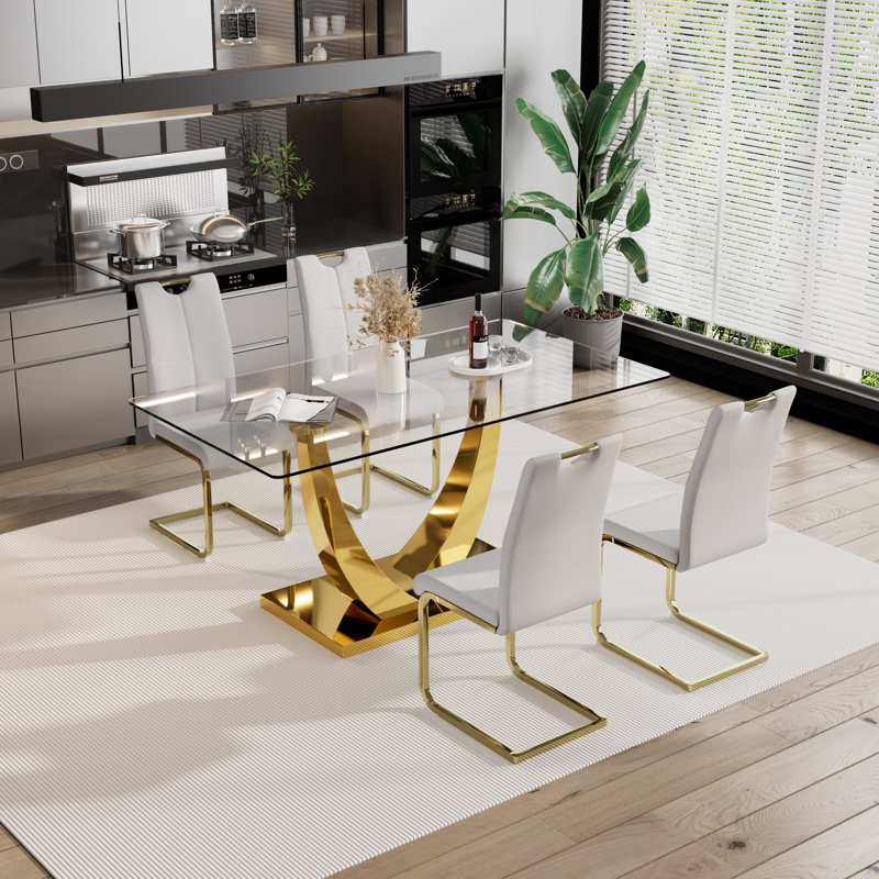 5 - Piece Rectangle Glass Pedestal Dining Set, Gold, Light Gray/Gold